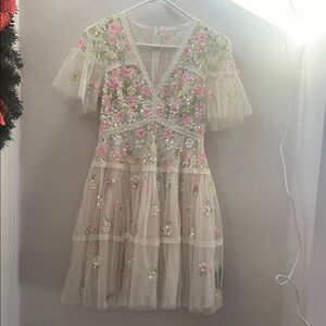 Cream and Pink A-line Dress with Flutter Sleeves for Wedding Guest